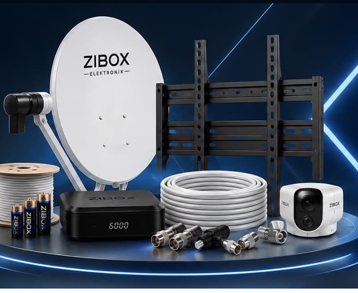 ZİBOX uydu çanağı, dekoder, TV askısı, koaksiyel kablo, LNB ve güvenlik kamerası